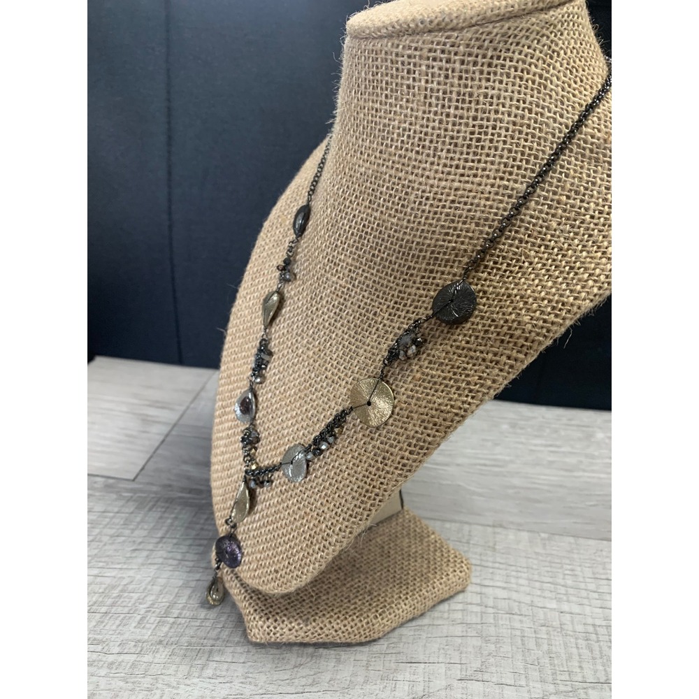 Napier Mixed Metal Textured Disc Y-Necklace Gunmetal Tone Beaded Drop Statement - Picture 2 of 10